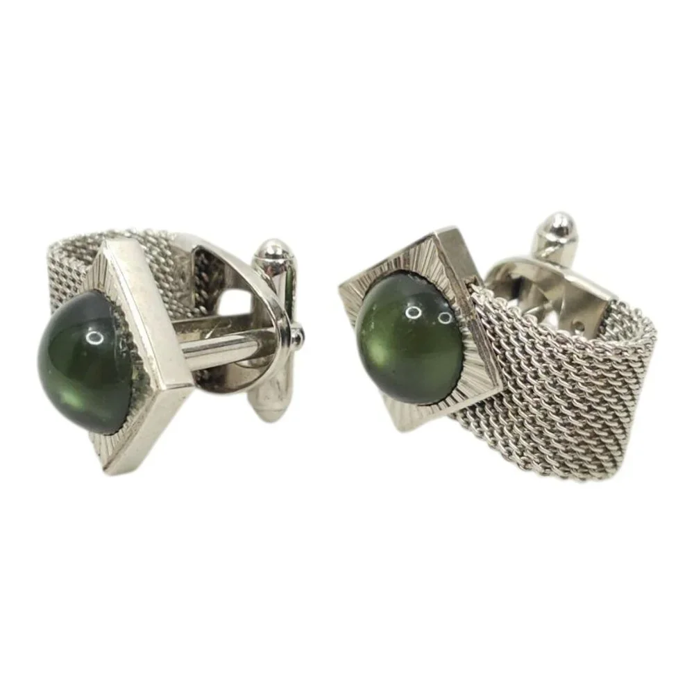 Anson Moon Stone Mesh Chainmail Cufflinks Silver Tone Men Vintage MCM Jewelry